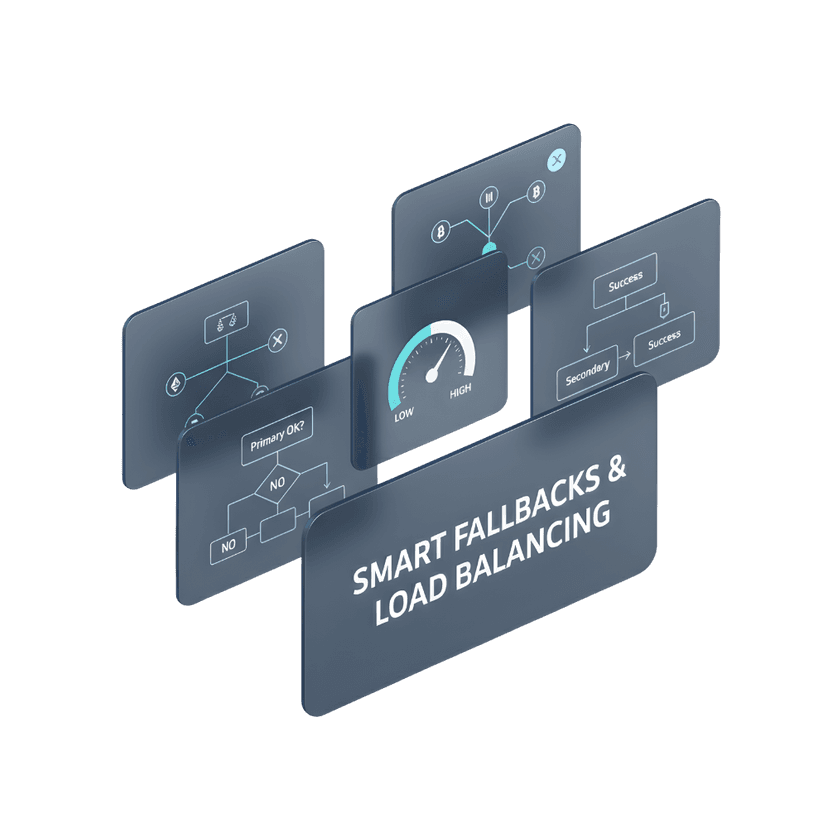 Smart Fallbacks & Load Balancing - Illustration showing MegaLLM's unified API gateway connecting to multiple AI providers